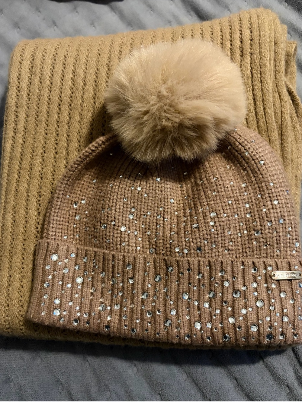 Steve Madden Tan Knit Pom Beanie with Rhinestones